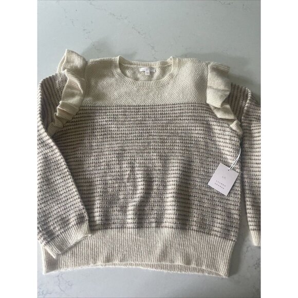 Lauren Conrad Cream Striped Ruffled Pull Over‎ Sweater Women’s XXL Beige NWT $50 - Picture 1 of 5